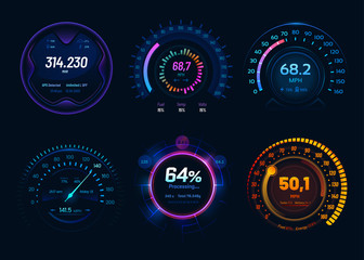 Car speedometer, digital neon LED light gauges - obrazy, fototapety, plakaty