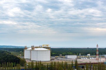 Large industrial tanks for petrochemical plant, oil and gas fuel. LNG terminal in Swinoujscie, Poland.