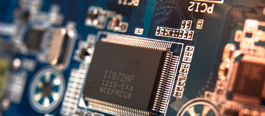 Modern printed circuit board, electronic circuit board, textolite. Background banner. Mother board, macro.