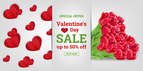 Valentine's Day sale. Discount up to 50% off. Vector illustration with hearts and big realistic bouquet of tulips. Background in origami style. Design for paper, prints, brochures, covers, banners etc