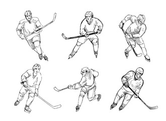 Hockey players. Set of fast sketches. Vector outline with transparent background.