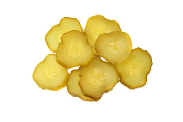 sliced pickled cucumber isolated on white background. top view