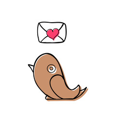 Cute illustration in doodle style with a picture of a bird bringing a love letter to the day of lovers