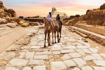 Gordijnen Tourists on camels in the temple of Giza near the Great Sphinx, Egypt © AlexAnton