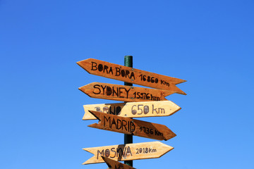 Funny direction signpost with distance to many different cities in the world