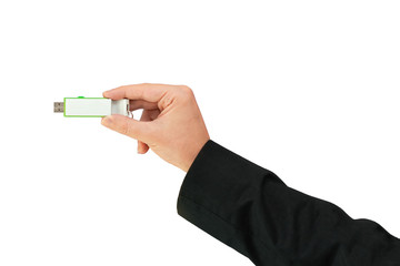 Fototapeta premium Green memory stick on hand with white background