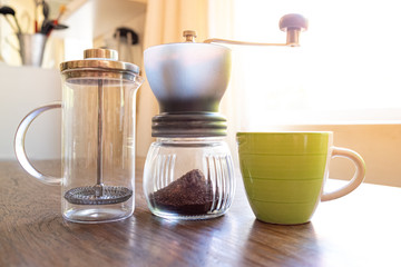 home coffee equipment on a wooden bench