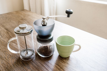 home coffee equipment on a wooden bench