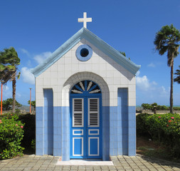 Old tropical blue and white hermitage. Martinique, French West Indies. Tropical architecture
