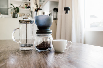 home coffee equipment on a wooden bench
