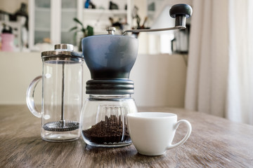 home coffee equipment on a wooden bench