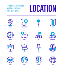 Location and navigation set. Pointer, pin, folded map, compass, route, flag, direction, search, traffic light, globe. Vector illustration.