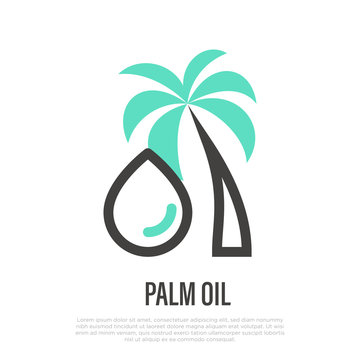 Palm oil thin line icon: palm tree and drop of oil. Vector illustration for packaging.