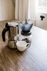 home coffee equipment on a wooden bench