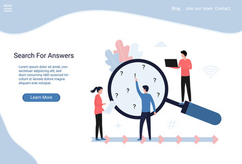 Web page Search for answers. Young employees ask questions and answer them. Seo promotion, research, marketing, analytics, data collection and business development strategy. Flat vector illustration.