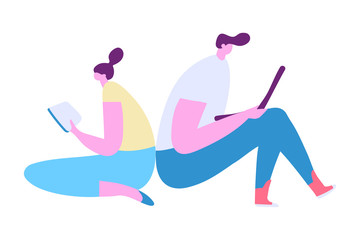Young people sitting back to back on the grass. Students. Man with laptop, girl reading book flat vector chracters.