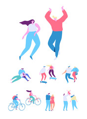 Couple spending time together flat vector set.  Crowd. People Outdoor activities- walking, cycling, skateboarding.
