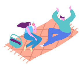 Obraz premium Young couple on a picnic. Girl and guy sitting on picnic blanket, eating lunch and talking. Leisure Outdoor activity. Cartoon flat vector illustration.