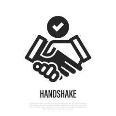 Handshake with check mark thin line icon. Symbol of deal, contract, resolution. Vector illustration.