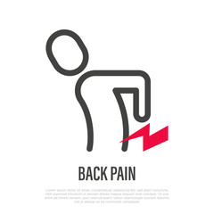 Back pain thin line icon: man is touching his back. Vector illustration.