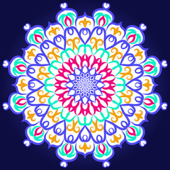 A colored mandala on a blue background. Oriental pattern for placement on fabric, paper, glass. Element of psychological unloading. Vector.
