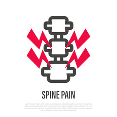 Spine pain thin line icon. Red signal at vertebra. Vector illustration of backache.