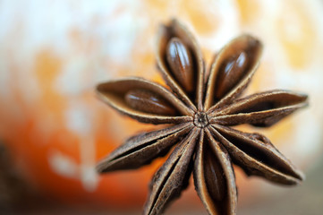 cinnamon sticks, anise and tangerine on a wooden background