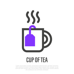 Cup of hot tea with tea bag thin line icon. Vector illustration.