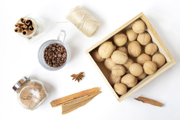 Beautiful layout of coffee beans and spices. Top view. Copy space. Place for text and design