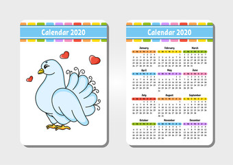 Calendar for 2020 with a cute character. Pocket size. Fun and bright design. Isolated vector illustration. Cartoon style.