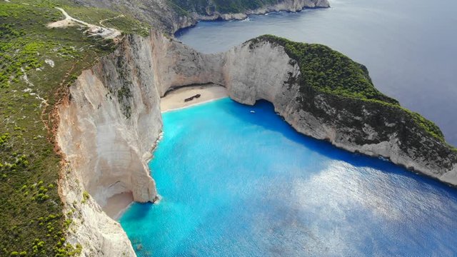 Aerial view of beautiful beach with a stranded ship in Zakynthos, Greece