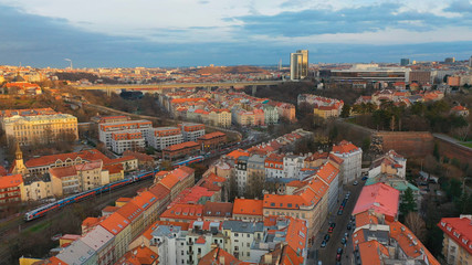 Aerial view of Nusle area under Vysehrad castle at sunset light, view of Prague, Czech Republic