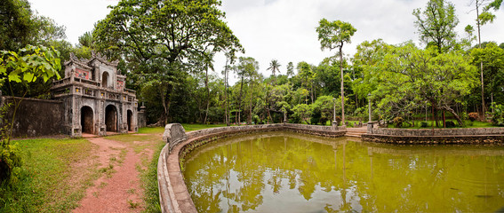 Old buildings at a lake in Vietnam