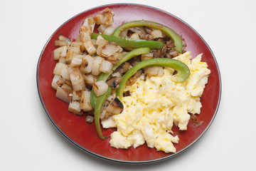 eggs, potatoes, onions and green bell peppers