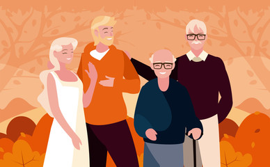 Family and shrubs in autumn season vector design