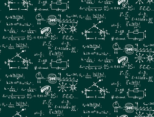 Electric magnetic law theory and physics mathematical formula equation. Physical equations on chalkboard. Education and scientific  background. Vector hand-drawn vintage seamless pattern.