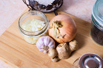 Homemade onion syrup with garlic and ginger. Traditional medicine