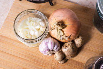 Homemade onion syrup with garlic and ginger. Traditional medicine