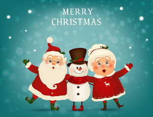 Merry Christmas. Happy new year. Funny Santa Claus with cute Mrs. Claus, snowman in Christmas snow scene winter landscape. Mrs. Claus Together. Vector cartoon character of Santa Claus and his wife