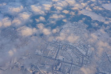 Aerial view of Reykjavik, the capital of Iceland, covered with ice and snow