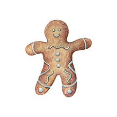 Watercolor illustration of a gingerbread man with icing on a white background. Children's illustration in cartoon style for the new year