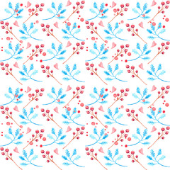 Seamless christmas pattern. Blue and red watercolor poinsetia leaves and hand-drawn twigs.