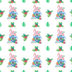 Watercolor pattern with mistletoe leaves and berries and a blue cup with sweets: cream, glaze, sprinkle, marmalade, cookies on a white background. Children's illustration in cartoon style 