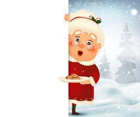 Happy Mrs. Claus cartoon character standing behind a blank sign with cookies, showing on big blank sign with falling snow. Cute, cheerful Mrs. Claus with white copy space. vector illustration