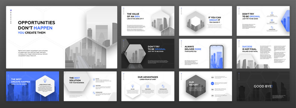 Modern powerpoint presentation templates set for business and construction. Use for brochure design, keynote template, landing page, annual report, company profile, portfolio, social media banner.