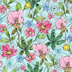 Floral seamless pattern on a blue background. Design for fabric, wrapping paper, wallpaper.