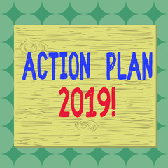 Conceptual hand writing showing Action Plan 2019. Concept meaning proposed strategy or course of actions for current year Square rectangle unreal cartoon wood on the coloured wall