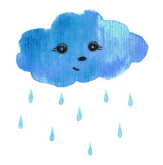 watercolor cloud with face. rain, drops, smile, joyful