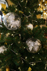 Christmas decorations on the Christmas tree. Transparent balls with a bow inside.