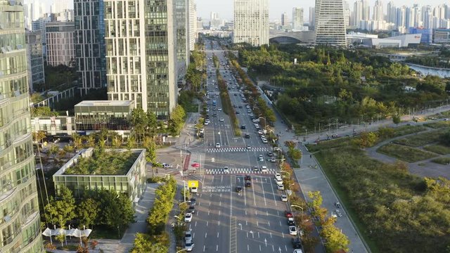 Incheon, South Korea 12 October 2019: 4K Aerial Drone Footage View of Central Park in Songdo..